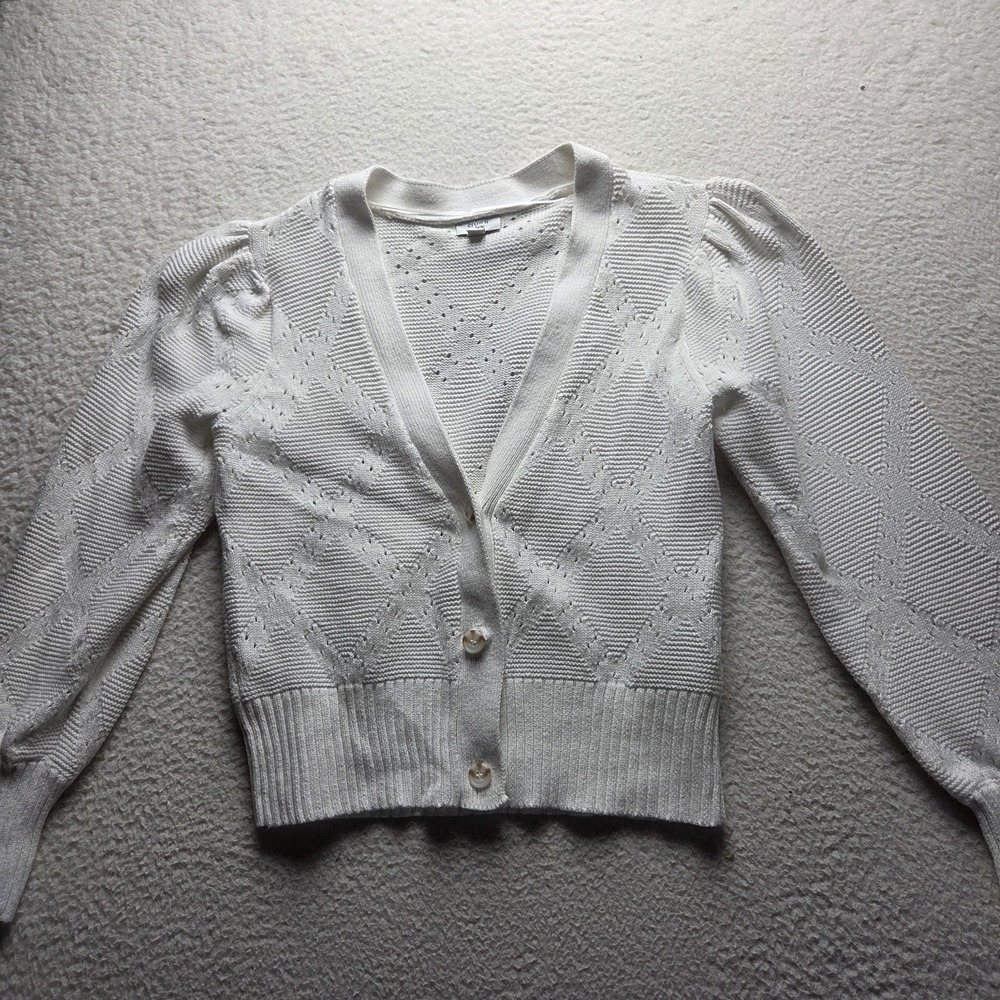 Crown & Ivy Cardigan Sweater Womens Medium White V Neck Puff Sleeve Open Knit